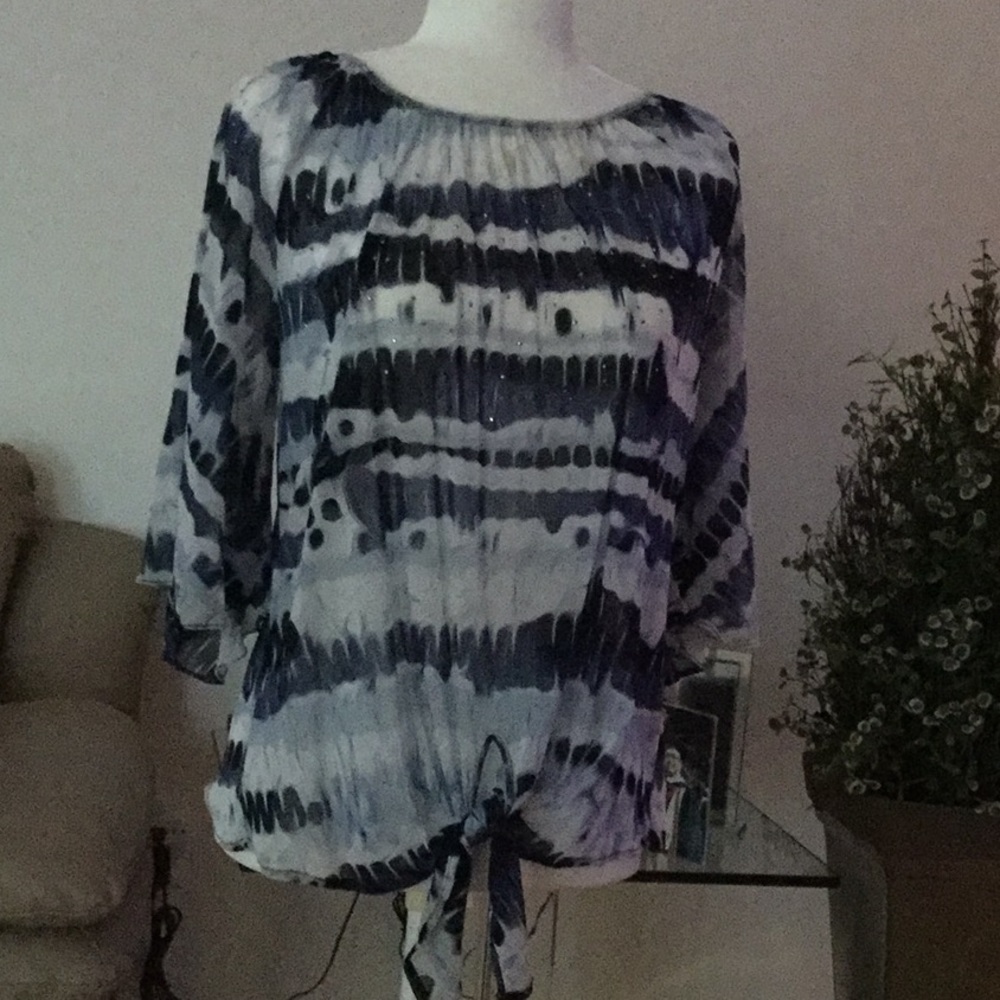 Semi-Sheer Blue Shades & White Blouse. Tie Bottom.